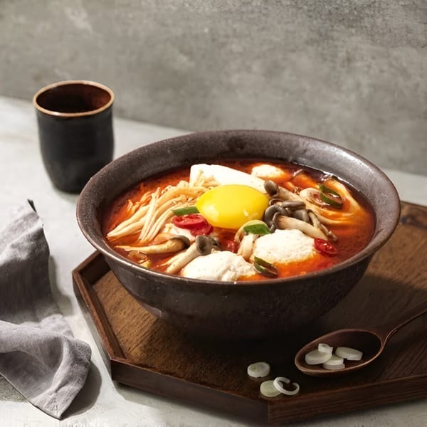 A bowl of Korean sundubu-jjigae with a raw egg yolk, mushrooms, and tofu, on a wooden tray.