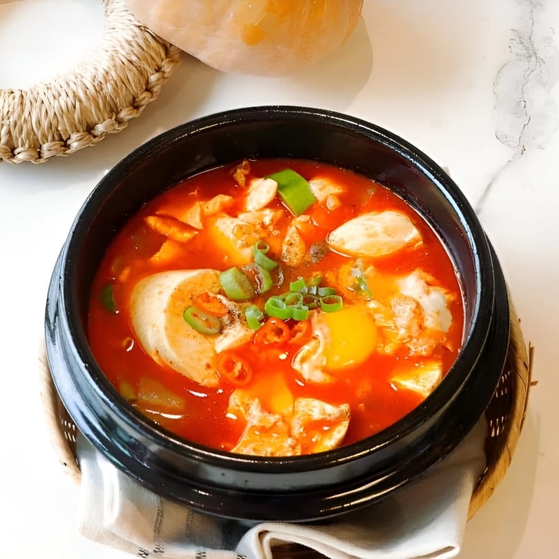 A black bowl of vibrant red Korean soft tofu stew, topped with green onions and a raw egg.
