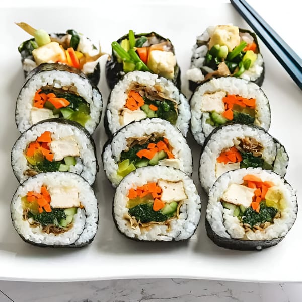 Platter of HanKki's Korean gimbap rolls filled with rice, vegetables, and tofu, with chopsticks.